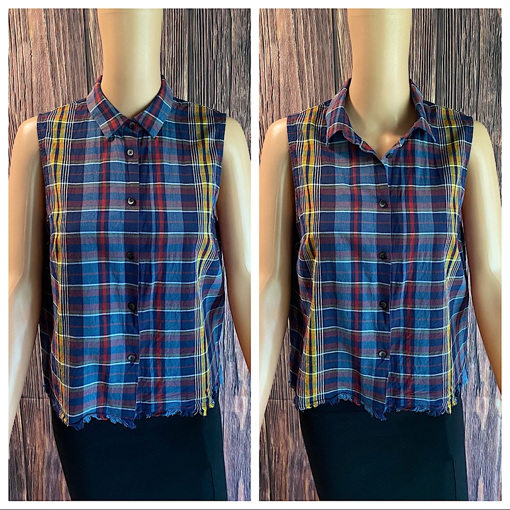 Madewell size medium distressed blue red & yellow plaid button down vest